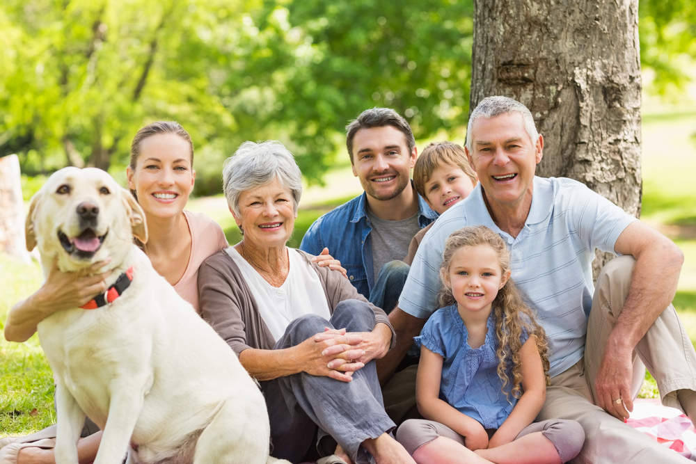 Portrait of an extended family with their pet dog sitting at the park